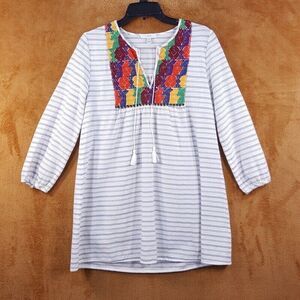 J CREW Womens Top XS White Stripe Pullover Tunic Embroidered Oversized Cotton